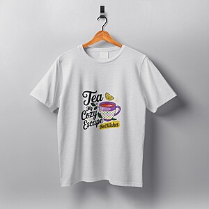 Tricou alb „Tea – My Cozy Escape” – Design colorat și relaxant