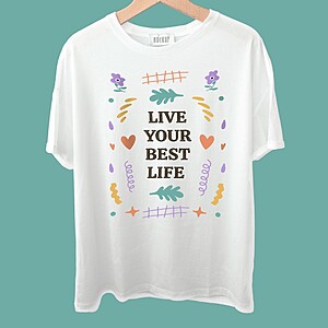 Tricou alb „Live Your Best Life” – Design motivațional și colorat